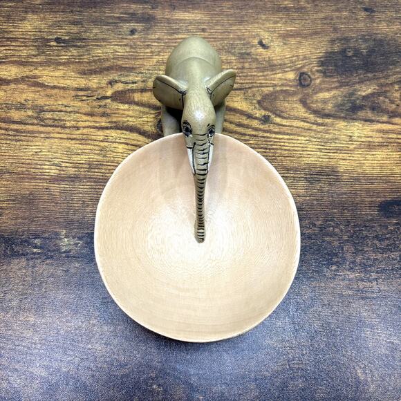 Hand Carved Elephant Drinking Trinket Dish Bowl Jacaranda Wood Sculpture Decor - Picture 10 of 11